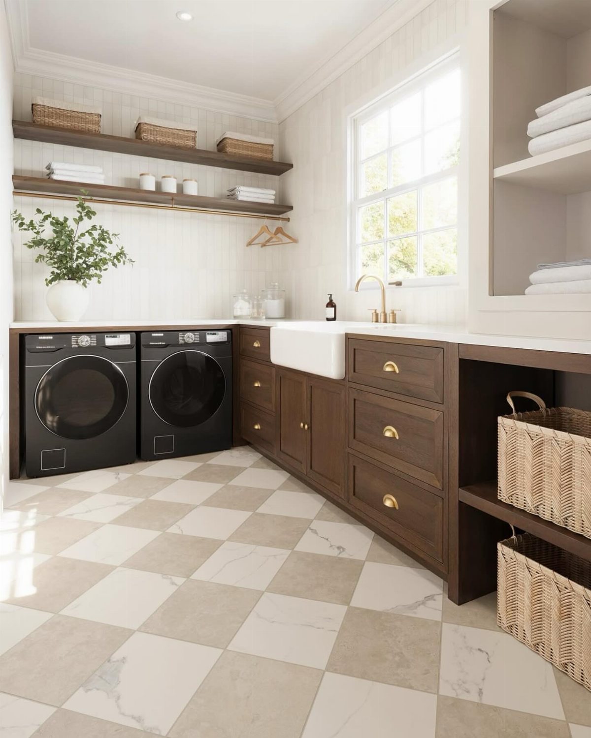 Checkered marble floor tiles in a modern laundry room with dark wood cabinets.