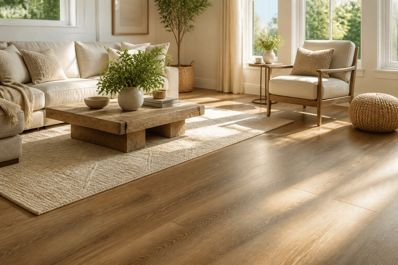 Cozy living room with high-end vinyl flooring and sunlight streaming in