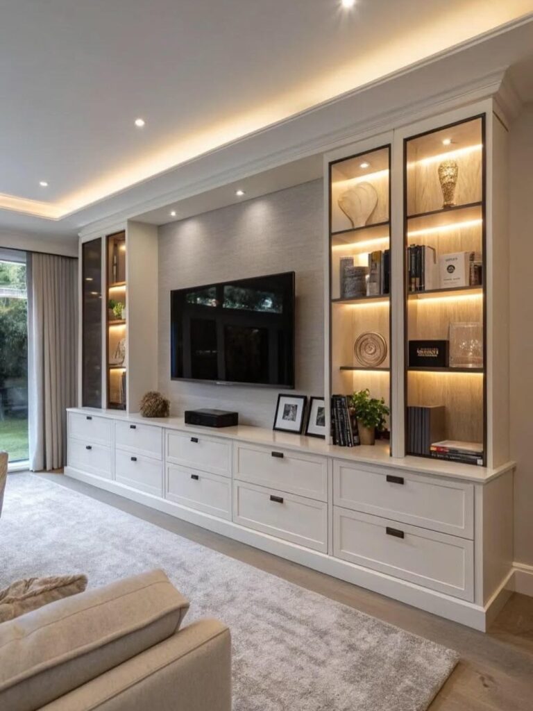 White built-in cabinetry with illuminated glass shelves and integrated television unit in a modern living room.