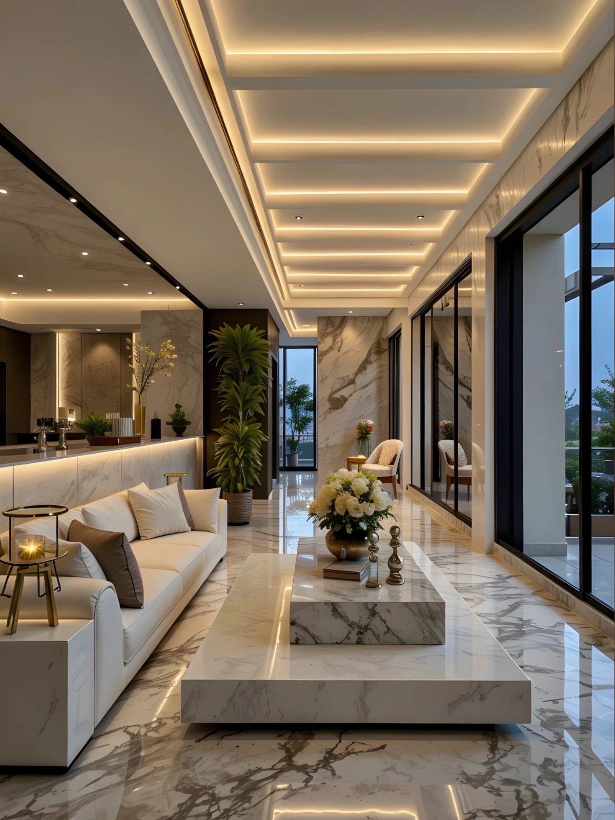 Luxurious modern living room featuring polished white marble flooring and a low marble coffee table.