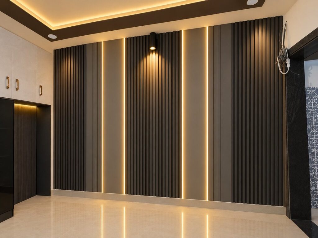 Dark grey fluted PVC wall panels with vertical warm LED light strips in a modern room.