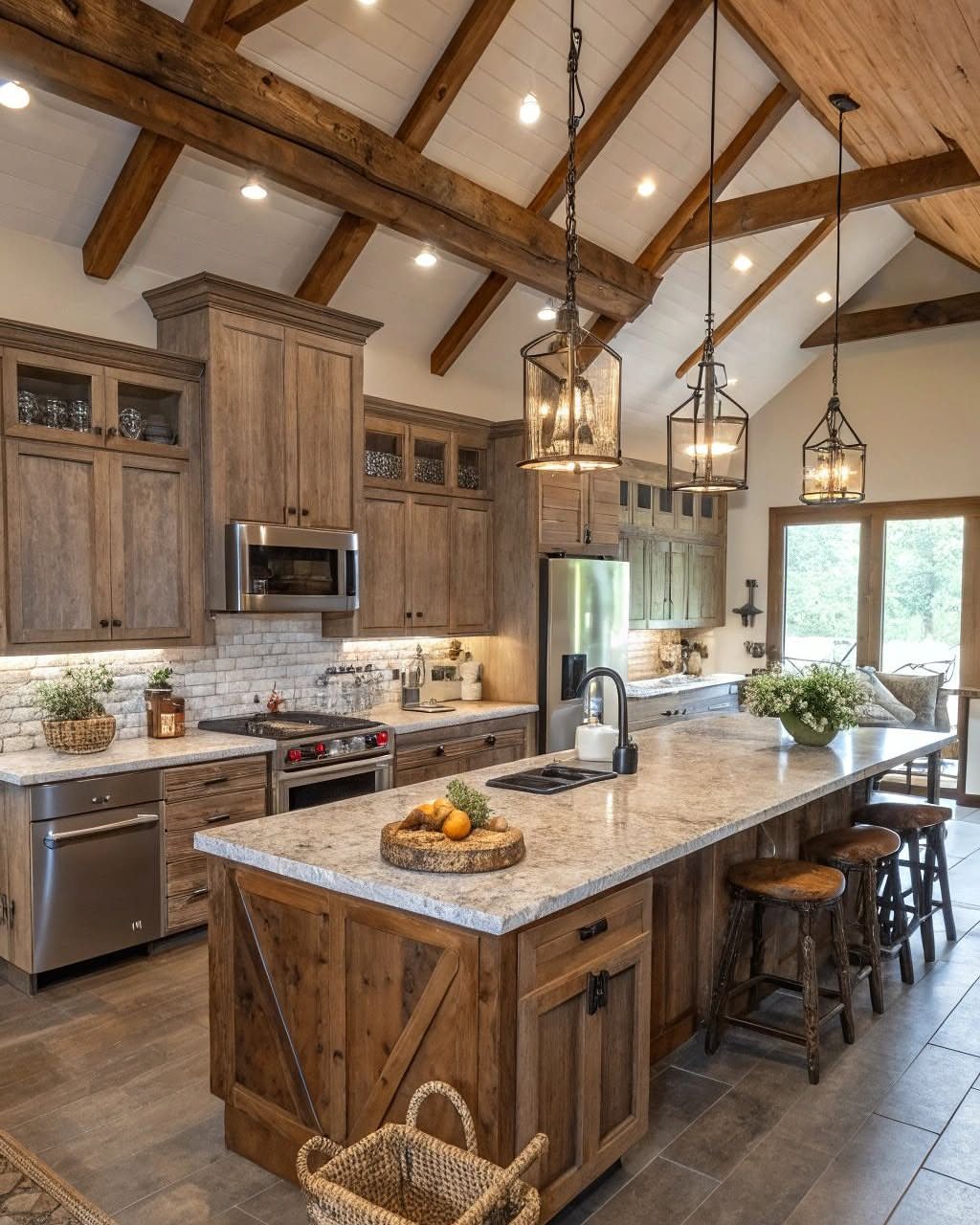 Rustic kitchen with wooden cabinetry, granite countertops, exposed ceiling beams, and hanging lantern pendant lights.