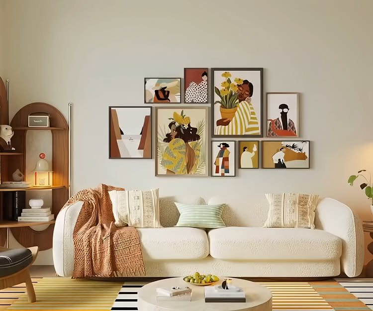 Framed abstract art pieces arranged in a gallery wall layout above a white sofa.