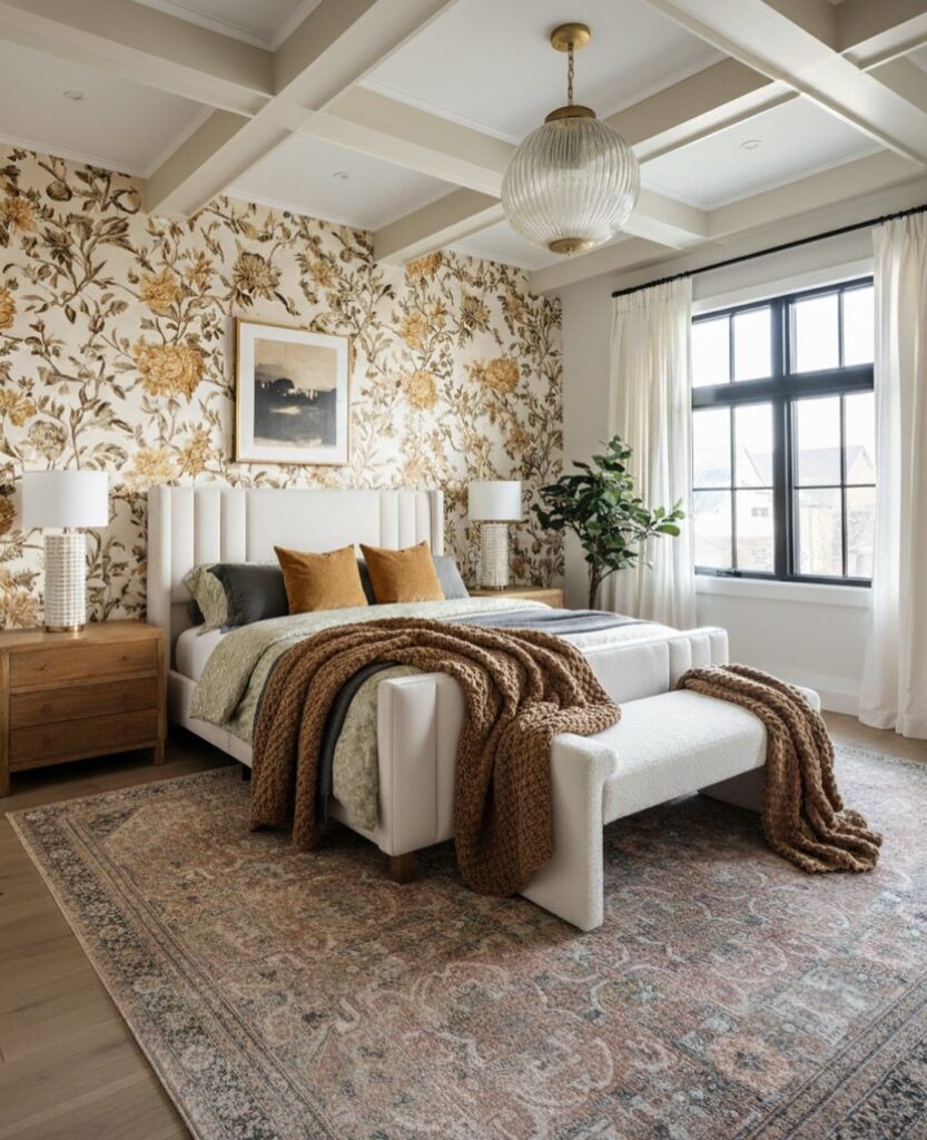 A bedroom with a floral patterned accent wall behind a white upholstered bed.