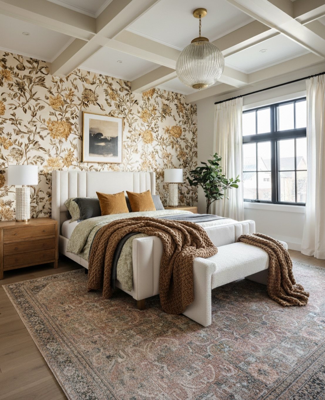 A bedroom with a floral patterned accent wall behind a white upholstered bed.