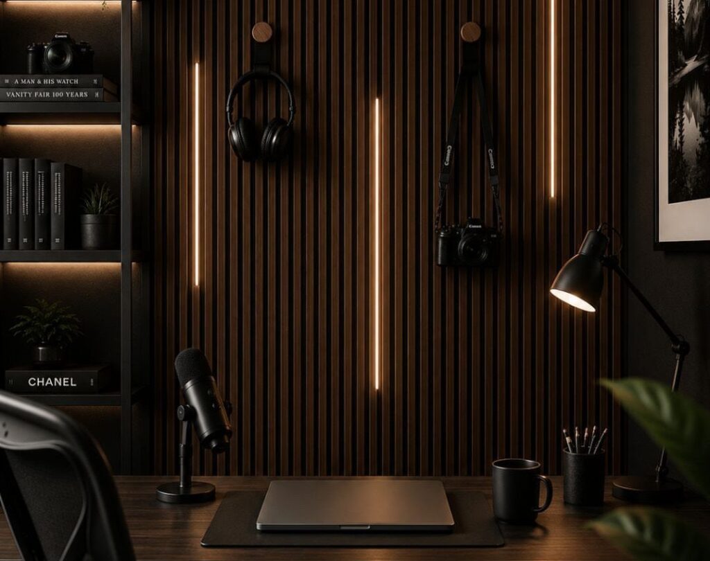 Dark walnut fluted wood slat wall with integrated vertical light strips in a home office setting.