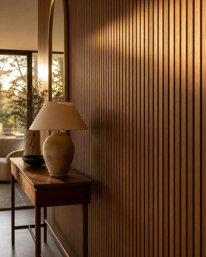 Vertical wooden slats cover a wall behind a wooden console table and a lamp.