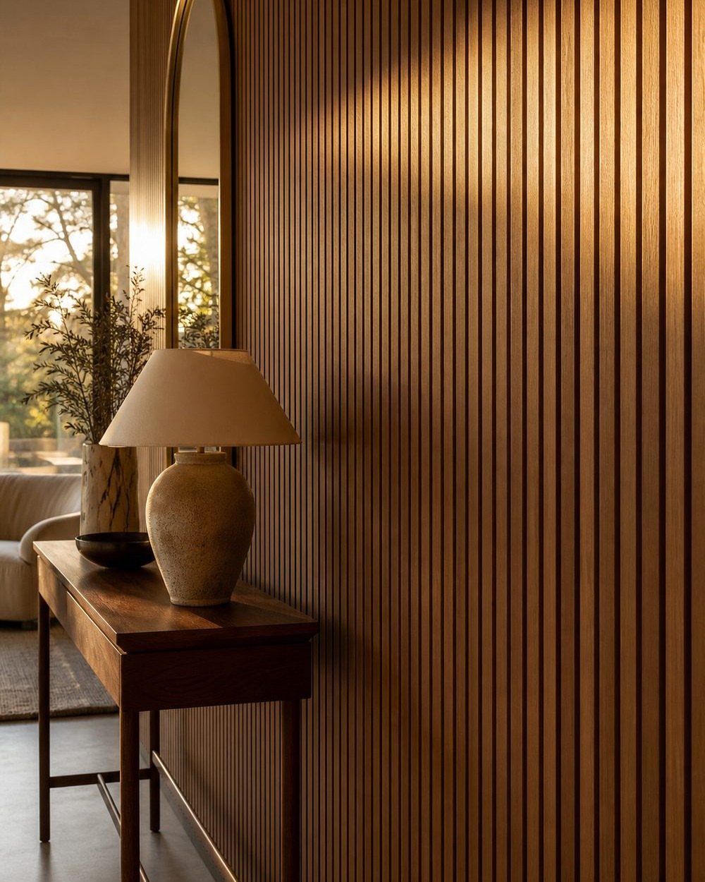 Vertical wooden slats cover a wall behind a wooden console table and a lamp.
